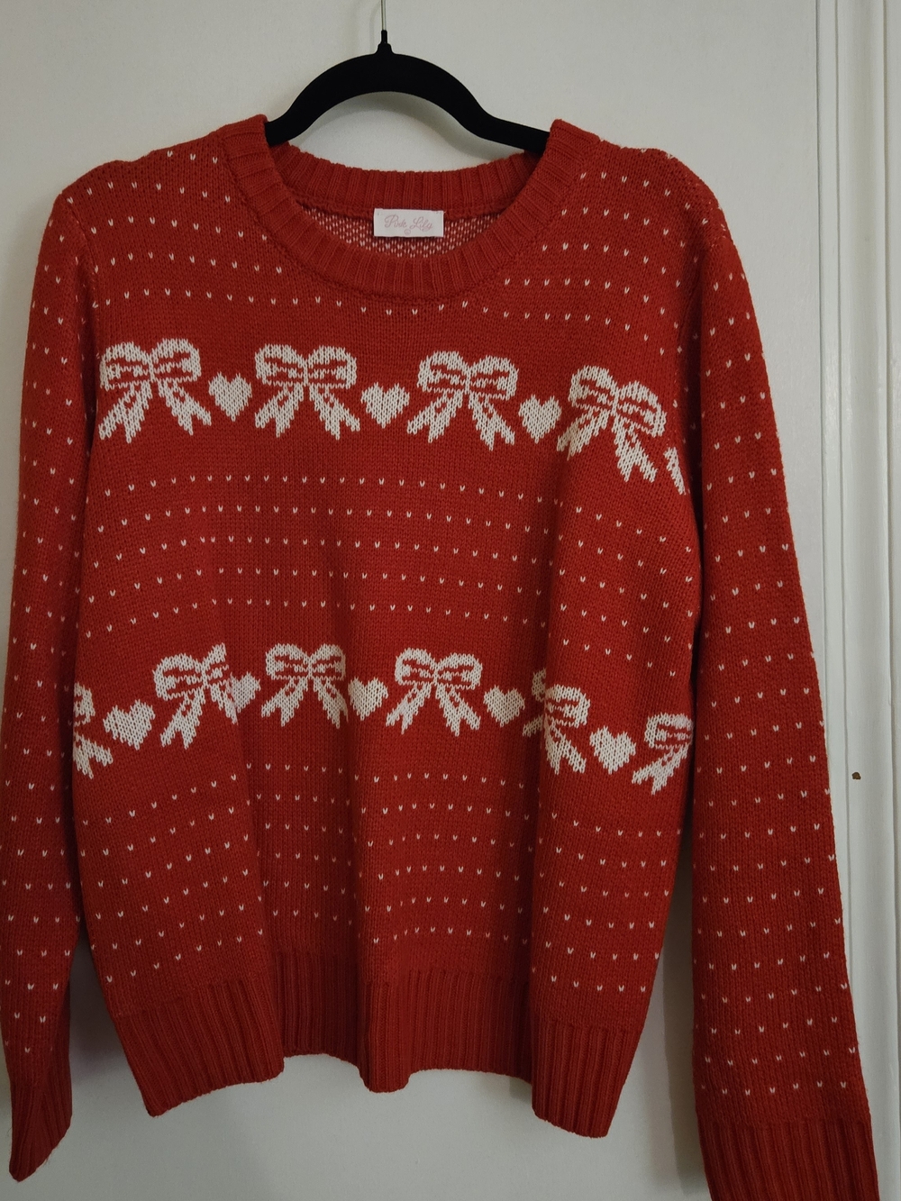 Pink Lily Red Crewneck Sweater with White Bow & Heart Pattern